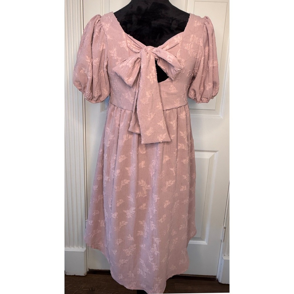 Ces Femme Mauve Pink Floral Jacquard Puff Sleeve Tie Back Mini Dress Size M NWOT - Picture 4 of 8